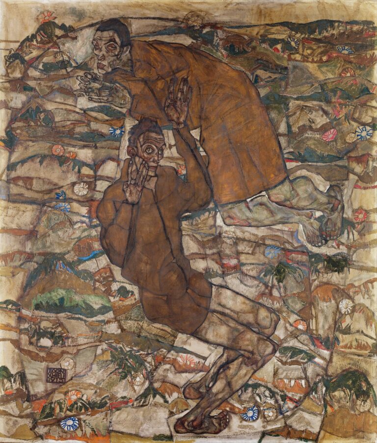 Two nude figures intertwined and floating above a fragmented, multicolored paper-collage ground; the standing figure supports the reclining figure across his shoulders, both outlined in dark contour against abstract, swirling shapes.