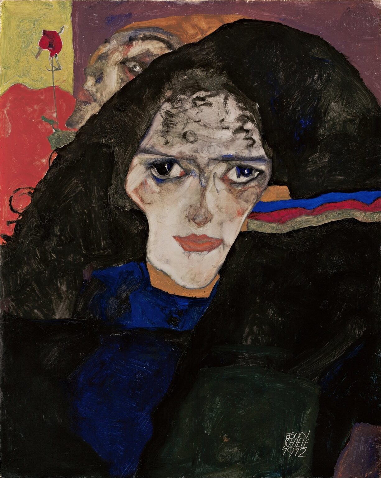 A female figure draped in a heavy black cloak stands against a neutral background, her downcast eyes and pale face framed by angular contours, hands clasped at her chest in a gesture of sorrow.