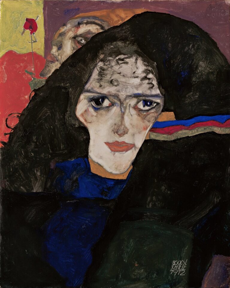 A female figure draped in a heavy black cloak stands against a neutral background, her downcast eyes and pale face framed by angular contours, hands clasped at her chest in a gesture of sorrow.