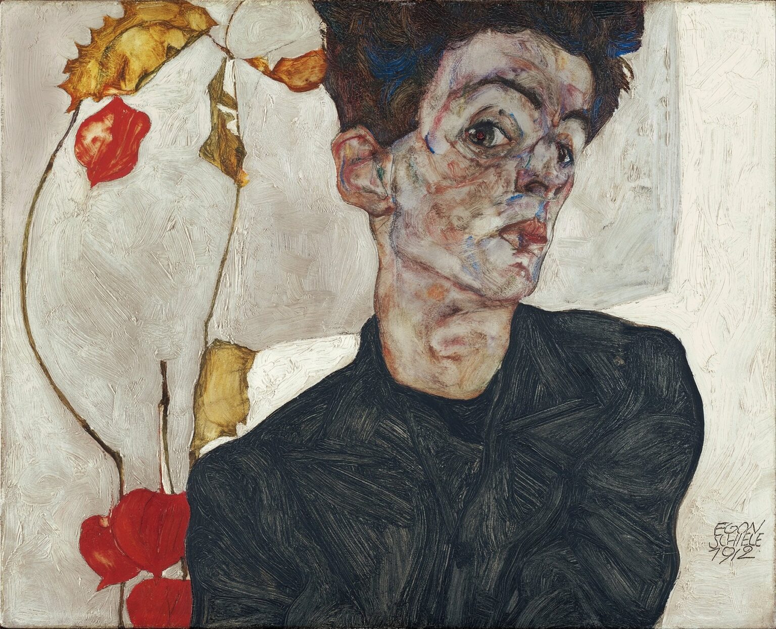 Egon Schiele in a dark shirt turns his elongated face sideways with wide, intense eyes; behind him, slender stems hold papery physalis lanterns in gold and red against a pale background, all rendered in expressive, jagged brushstrokes.