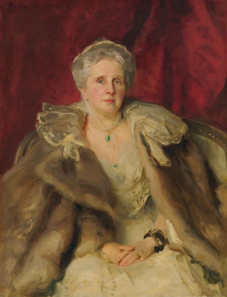 A Complete Analysis of “Mrs. Hugh Smith” by John Singer Sargent – A seated woman in an ivory satin gown and fur stole against a deep red drapery, her hands clasped and gaze meeting the viewer.