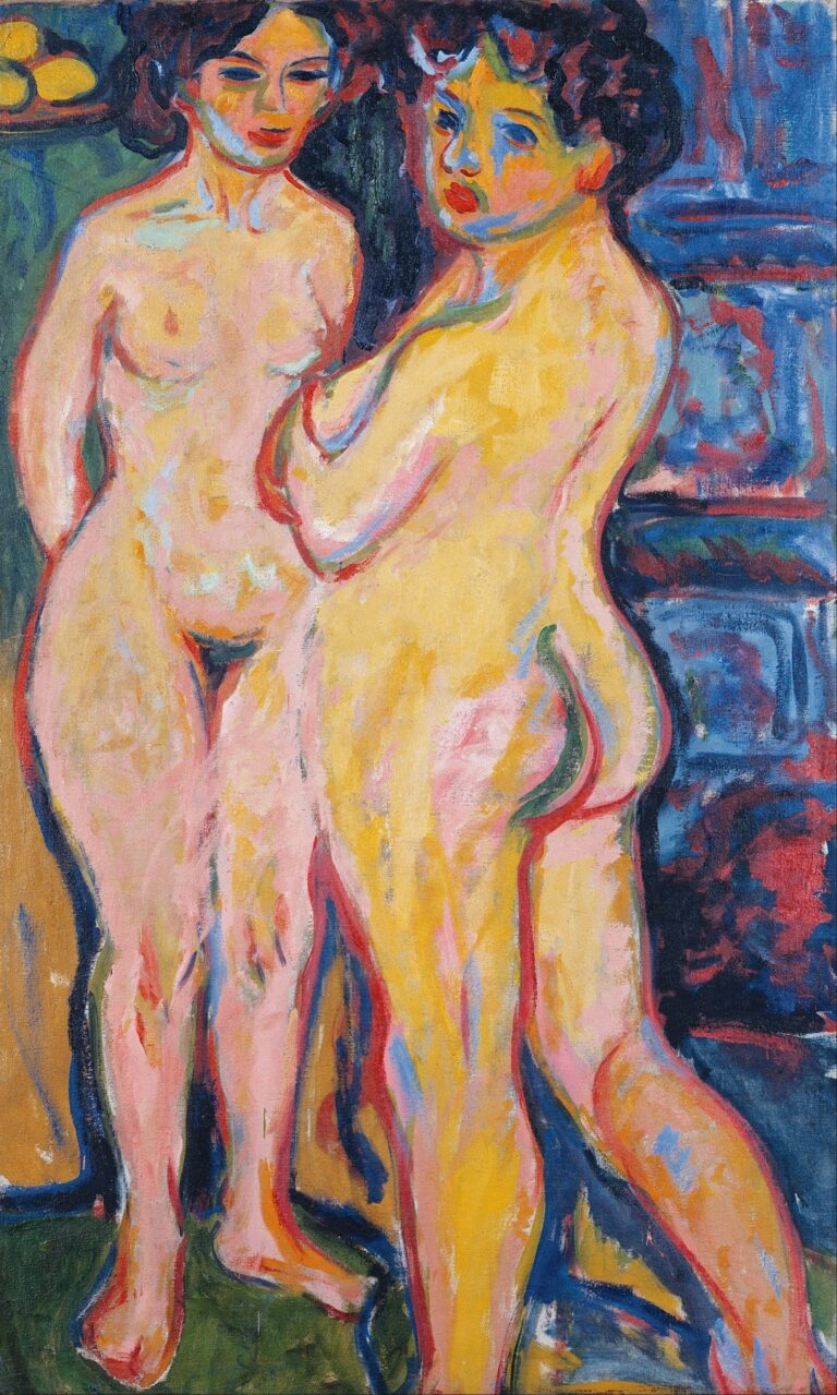 Three standing nude figures—two women facing forward and one turned in profile—cluster before a green-painted stove in a sparsely furnished interior. Their bodies, rendered in vibrant strokes of yellow, pink, and blue, contrast with the stove’s deep green and the darkly patterned background.