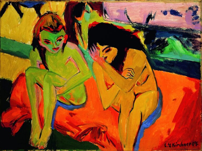 Two nude women sit on a vivid red cushion in an abstract interior. One figure, painted in bright green, leans forward with folded arms, while the other, rendered in warm orange tones, cups her hand to whisper over her bent knee. Jagged strokes of violet, yellow, and teal swirl around them, emphasizing their intimate conversation.