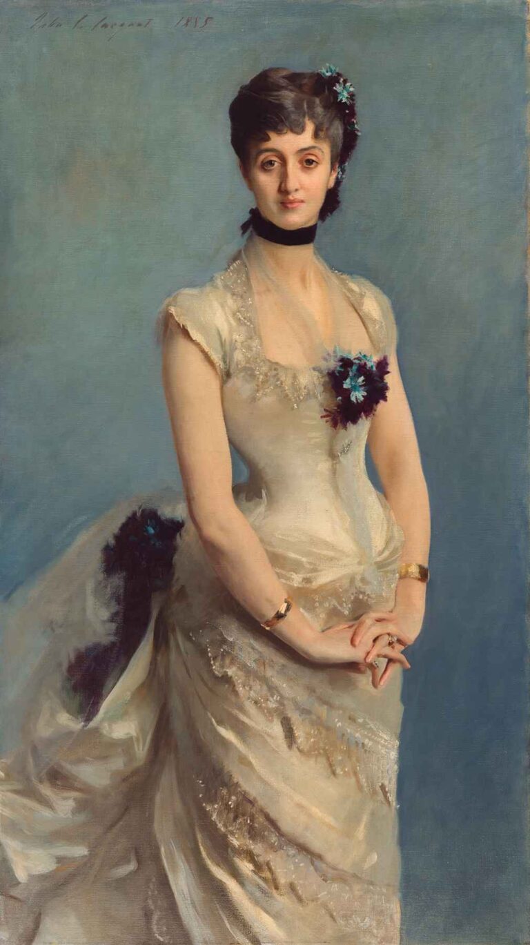 Portrait of Madame Paul Poirson by John Singer Sargent – a half-length depiction of a woman in an ivory satin gown with delicate lace trim and a black ribbon choker, set against a soft gray-blue background.