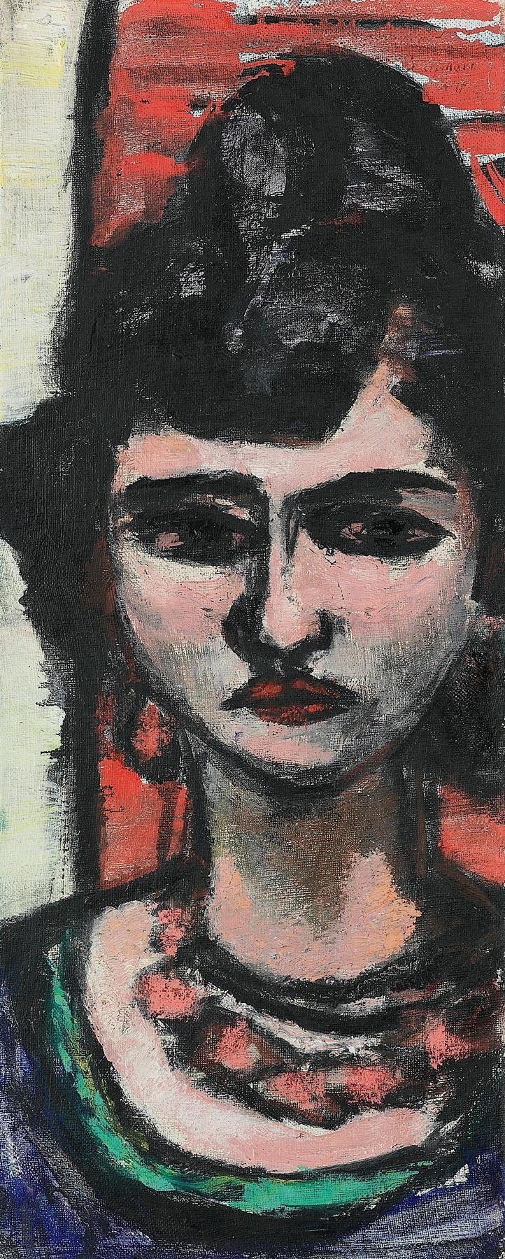 Max Beckmann’s Italian (1946), oil on canvas: a bust-length portrait of a dark-haired man with a mustache, gazing directly at the viewer, set against flat ochre and violet background fields, painted in bold, textured brushstrokes.