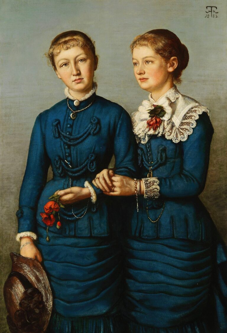 Oil painting of two young girls in matching deep blue Victorian dresses standing side by side against a muted gray-green background, one holding a straw hat and the other clutching a small spray of red flowers, connected by a gentle arm-hold that conveys sisterly bond.