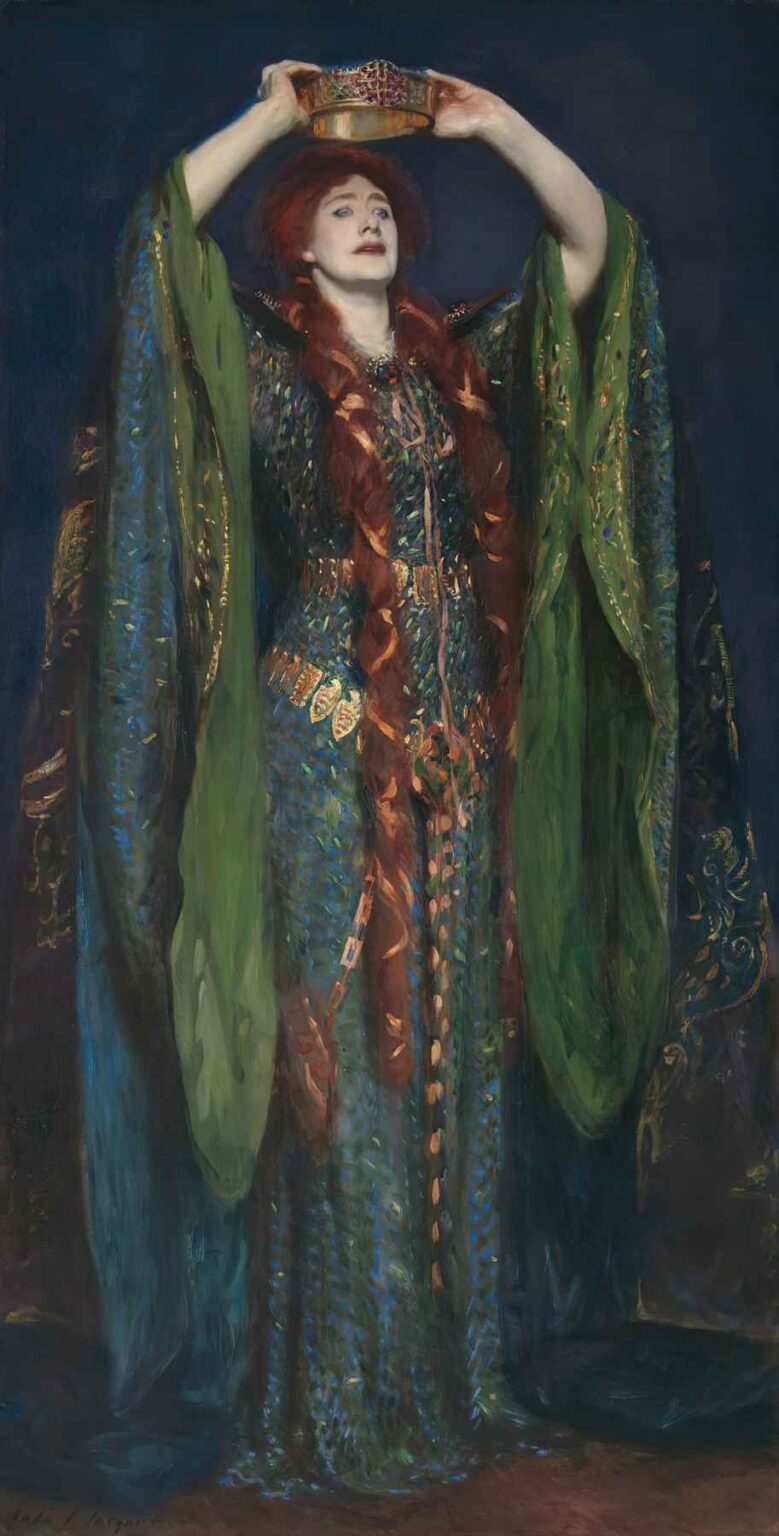 Portrait of Ellen Terry as Lady Macbeth by John Singer Sargent – the actress in a flowing green and gold kimono-style costume raises a jeweled crown above her head against a dark background.