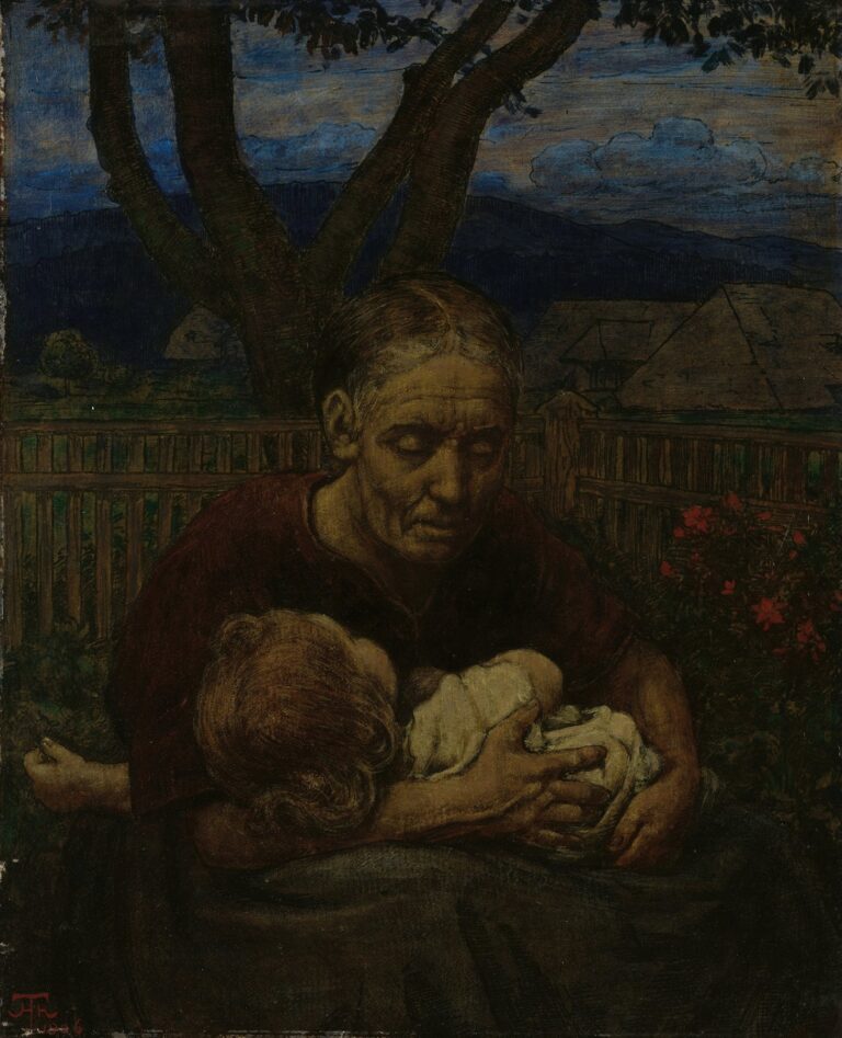 Oil painting of an older woman cradling a sleeping child in her arms beneath a large tree in a dusk-lit garden, with rose bushes and a wooden fence behind them, and distant rooftops under a blue-gray sky.