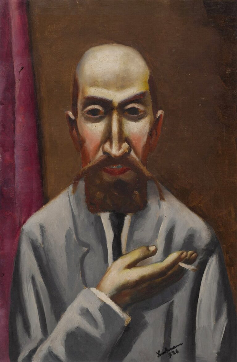 Max Beckmann’s Portrait of a Turk (1926), oil on canvas: a bald man with a pointed beard and intense gaze stands before a brown background and crimson drapery, his outstretched hand holding a cigarette, rendered in muted earth tones and dramatic chiaroscuro.