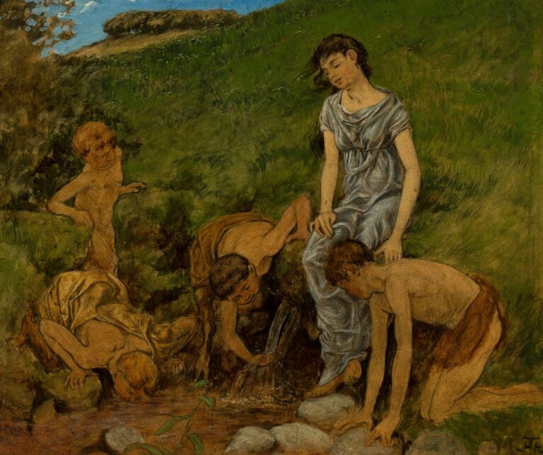 Oil painting of a young woman in a blue draped gown seated at a grassy hillside spring, surrounded by four children who drink or cup water from the rocky pool, under a clear blue sky.