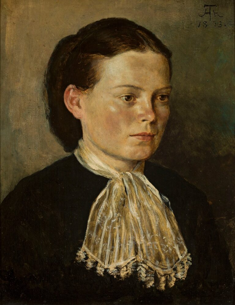 Oil portrait of a young woman in a dark dress with a high lace jabot, her brown hair parted and swept back, gazing thoughtfully to the right against a softly mottled neutral background.