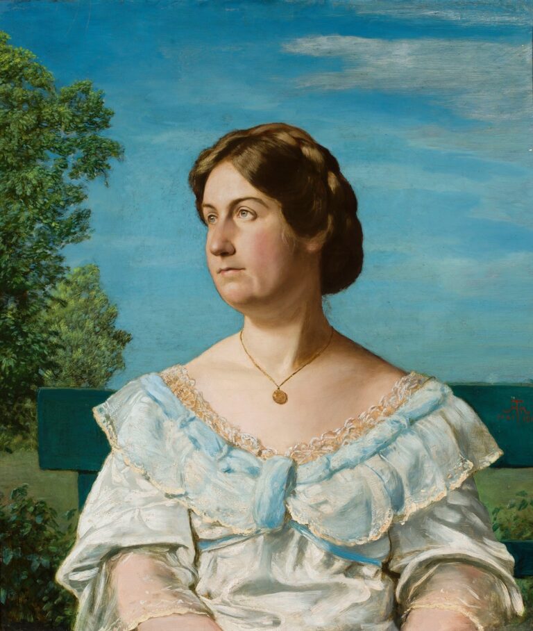 Oil portrait of a young woman seated on a teal bench in an outdoor setting, wearing a pale blue lace-trimmed dress and a gold pendant, gazing thoughtfully to her left against a clear blue sky and lush green foliage.