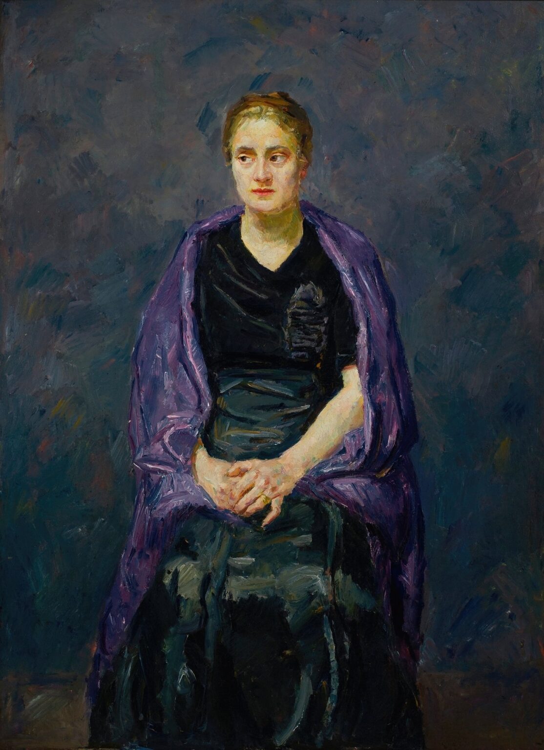 Max Beckmann’s Portrait of Mink with Violet Shawl (1910), oil on canvas: a seated young woman with short brown hair and solemn expression, wrapped in a richly textured violet shawl over a dark dress, set against a muted grey background.