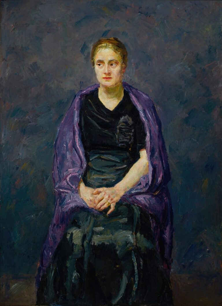 Max Beckmann’s Portrait of Mink with Violet Shawl (1910), oil on canvas: a seated young woman with short brown hair and solemn expression, wrapped in a richly textured violet shawl over a dark dress, set against a muted grey background.