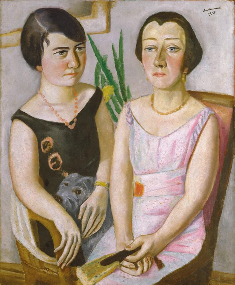 Max Beckmann’s Double Portrait (1923), oil on canvas: two seated young women, one in a dark dress holding a small grey dog, the other in a pink gown holding a folded fan, framed by a split gray background and a vertical green plant.