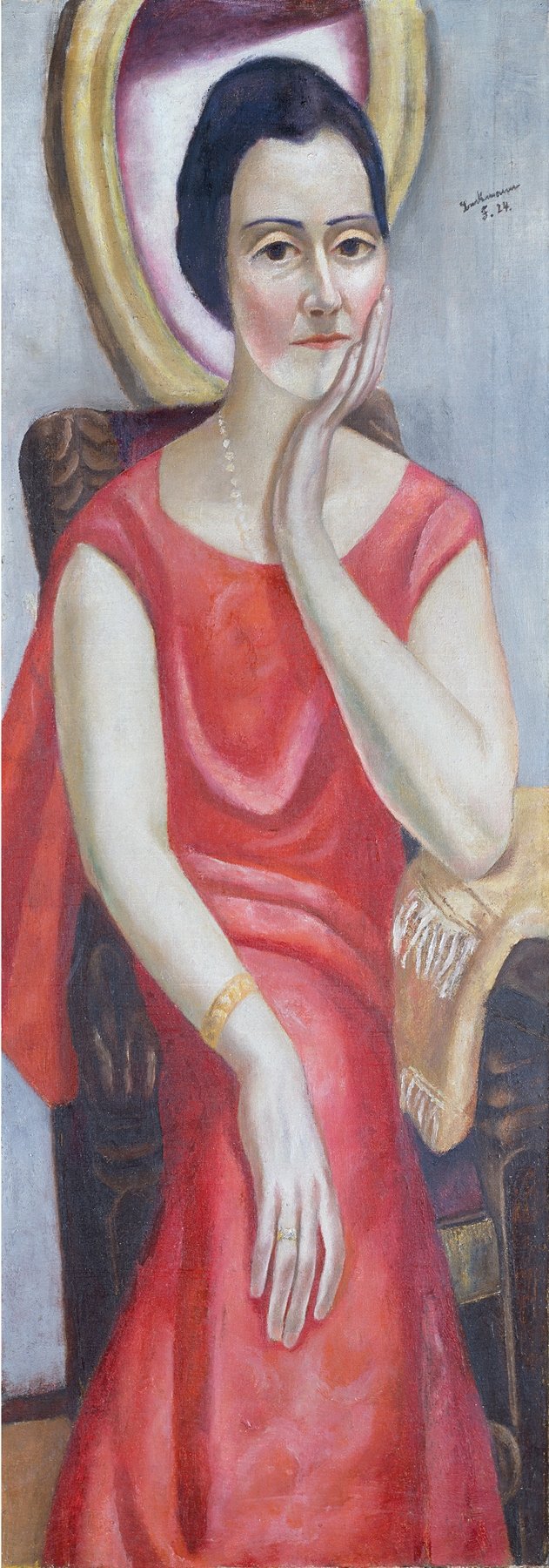 Max Beckmann’s Portrait of Käthe von Porada (1924), oil on canvas: a seated woman in a vibrant red dress with subdued background, her right hand resting on her lap and left hand supporting her cheek, rendered with expressive brushwork and flattened space.