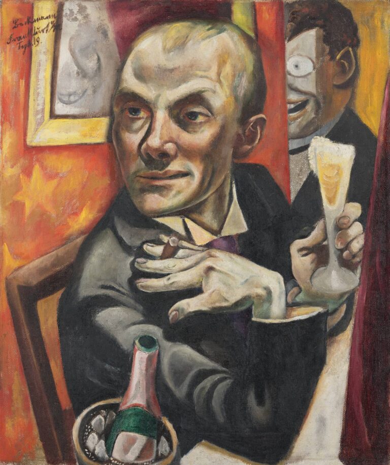 Max Beckmann’s Self‑Portrait with Champagne Glass (1919), oil on canvas: the artist in a dark suit holds a champagne flute and a cigarette stub at a café table, glancing sideways as a masked figure peers from a red draped doorway.