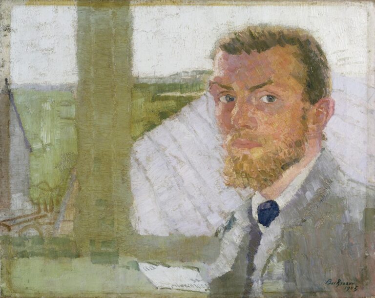 Max Beckmann’s Self‑Portrait (1905), oil on canvas, showing a young bearded man in a dark suit and white shirt, gazing intently at the viewer, with a sheet of paper and muted green-gray background.
