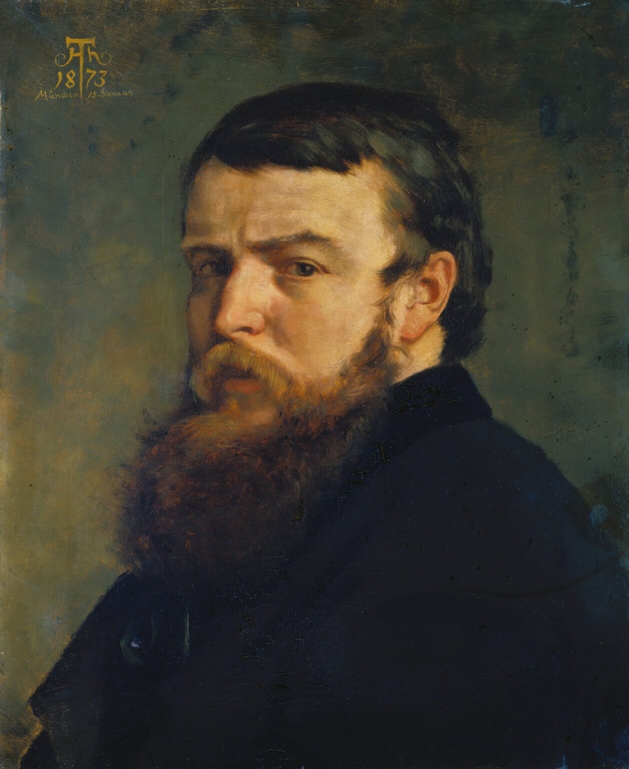 Oil on canvas self-portrait of Hans Thoma wearing a dark coat, depicted from the shoulders up against a muted green-gray background, with detailed modeling of his beard, thoughtful expression, and direct gaze.