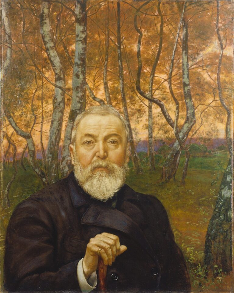 Self-portrait of Hans Thoma shown from the chest up against a grove of slender birch trees at twilight, with golden-orange sky behind and the artist gazing directly at the viewer, his white beard and dark coat illuminated by soft light.