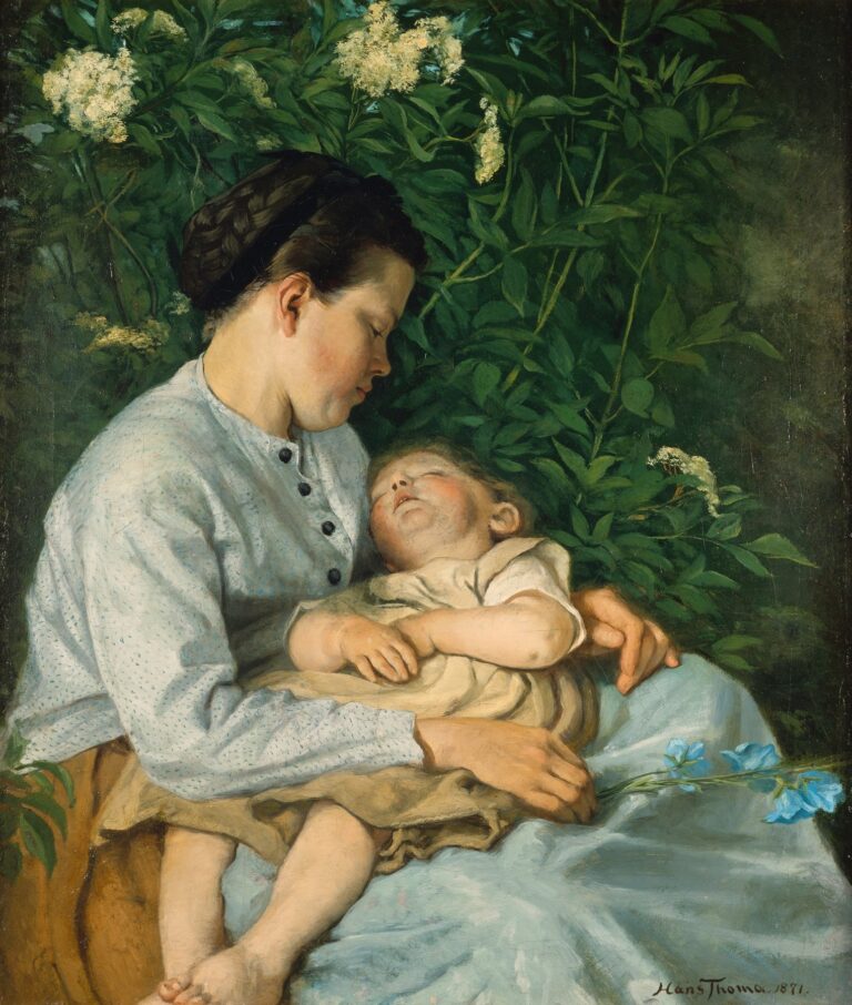 A young mother in a patterned blouse holds her sleeping toddler on her lap beneath a profusion of white elderberry blossoms and green leaves in a sunlit woodland clearing.