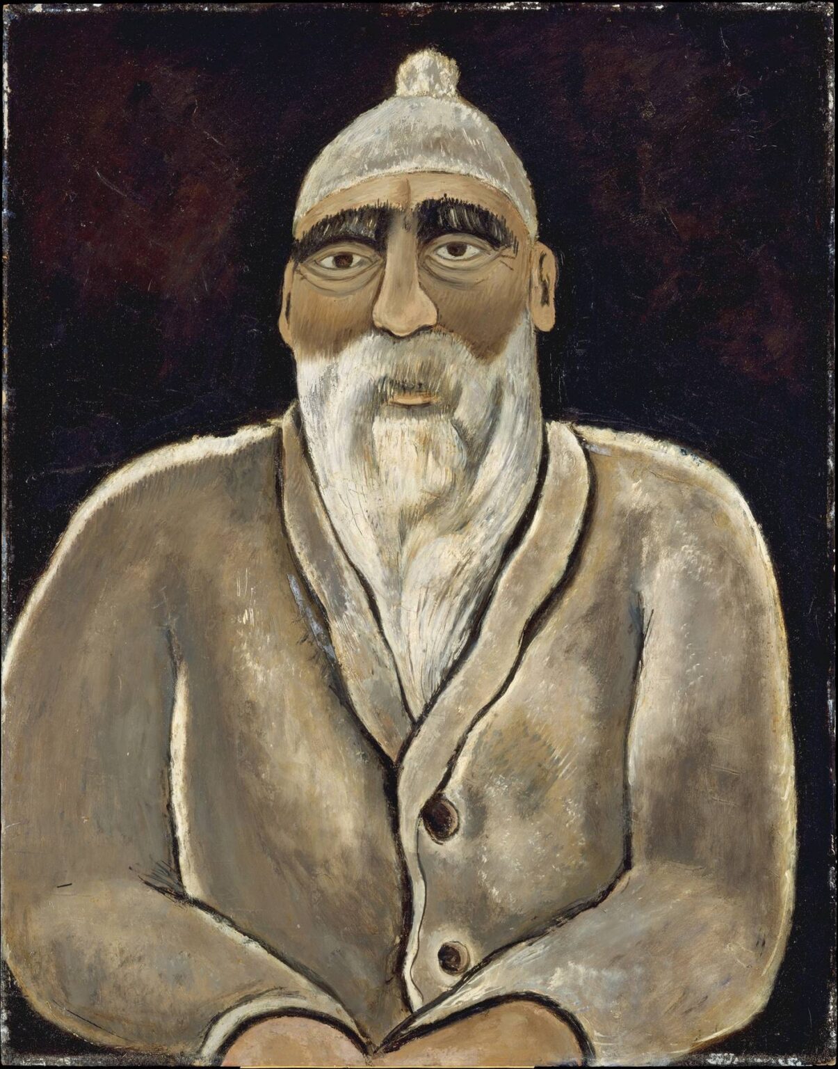 Marsden Hartley’s Albert Pinkham Ryder (1938), oil on canvas, depicting a half‑length bearded man in a knitted cap and heavy coat against a dark background, rendered with simplified forms and textured brushwork.