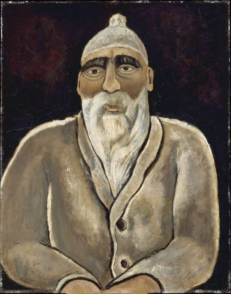 Marsden Hartley’s Albert Pinkham Ryder (1938), oil on canvas, depicting a half‑length bearded man in a knitted cap and heavy coat against a dark background, rendered with simplified forms and textured brushwork.