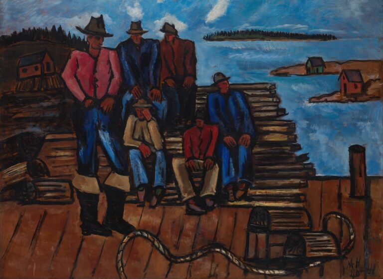 Marsden Hartley’s Lobster Fishermen (1941), oil on canvas: six men and a boy in hats and work clothes stand and sit on a wooden dock with lobster traps and ropes, against a bay and wooded shoreline under a cloudy sky.