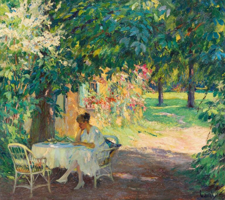 Woman in white seated at a wicker table under dense leafy canopy, reading in a sunlit villa garden by Lake Starnberg.