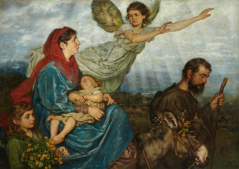 Oil painting showing Mary in a blue cloak holding the sleeping Christ Child on her lap, Joseph standing with a staff beside a donkey, and an angel floating overhead with outstretched arms, set against a misty dawn landscape.