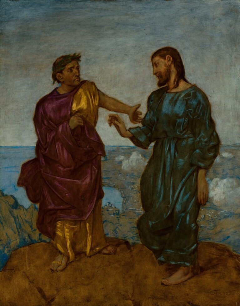 Oil painting of a bearded man in simple blue robes declining an outstretched hand from a regal figure in purple and gold cloaks, both standing on a rocky promontory overlooking a pale sky and distant sea.