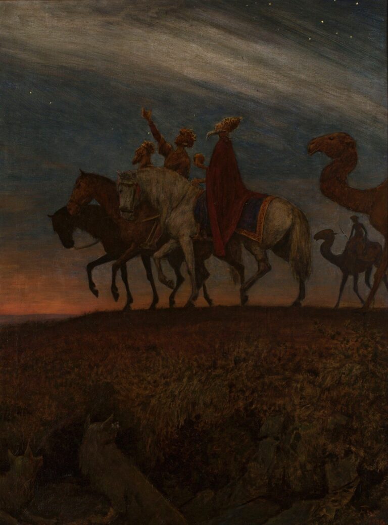 Three crowned magi ride across a dark plain under a bright guiding star; two on horses and one on a camel pass above shadowy wolves in the foreground against a moonlit sky.