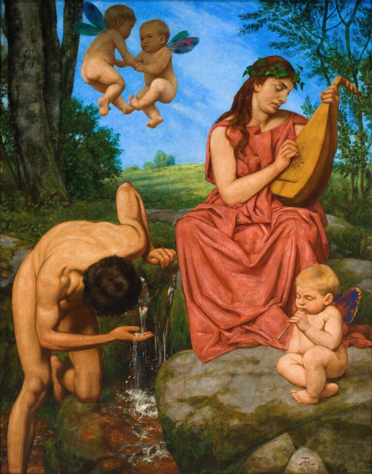 Oil painting of a seated woman in a rose tunic playing a lyre on a mossy boulder by a spring, a nude youth drinking from the water, and cherubic putti with butterfly wings frolicking in a sunlit forest clearing.