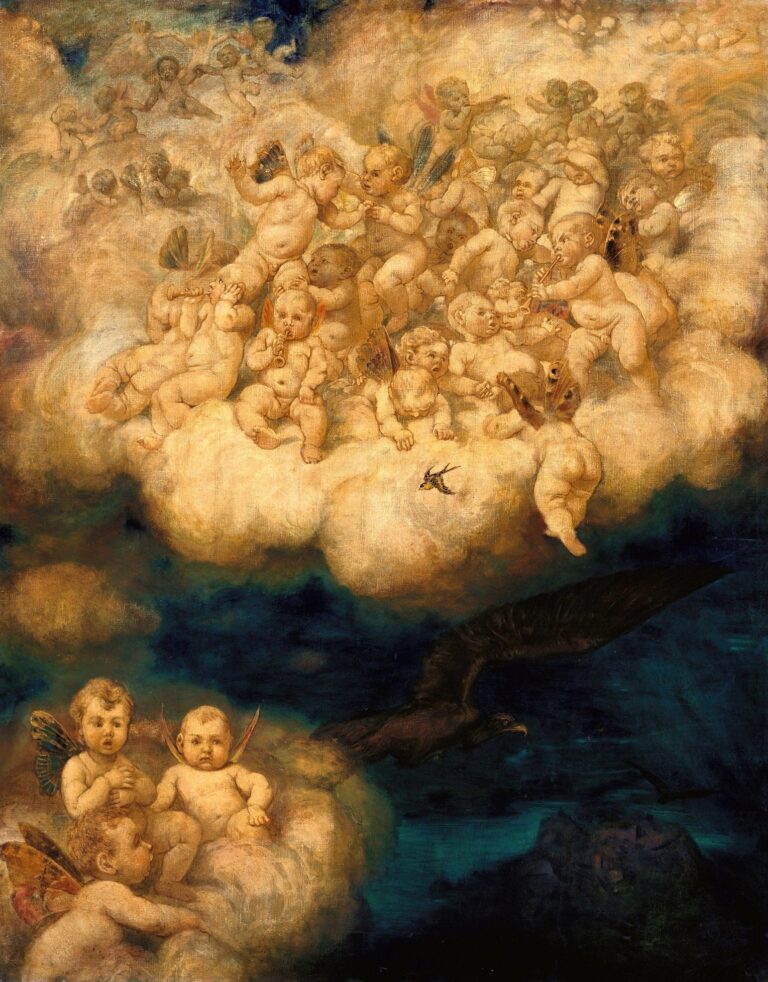 Oil painting of dozens of cherubic infants with butterfly wings clustered on luminous clouds in a twilight sky, with a single dark bird gliding beneath them and distant rooftops visible on the horizon.