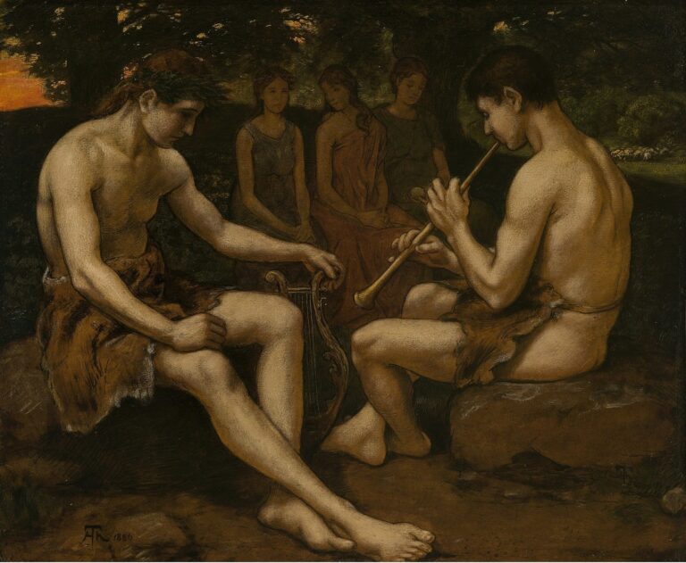 Oil painting of two nude youths seated on opposite sides of a small pool in a forest clearing—one tuning a lyre, the other playing a pipe—with three mournful nymphs behind and tall trees overhead.