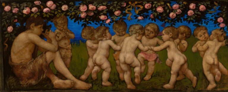 Horizontal oil painting of nine winged putti dancing in a circle on grass beneath an arching garland of pink roses, with a seated satyr playing a wooden pipe at left against a deep blue background.