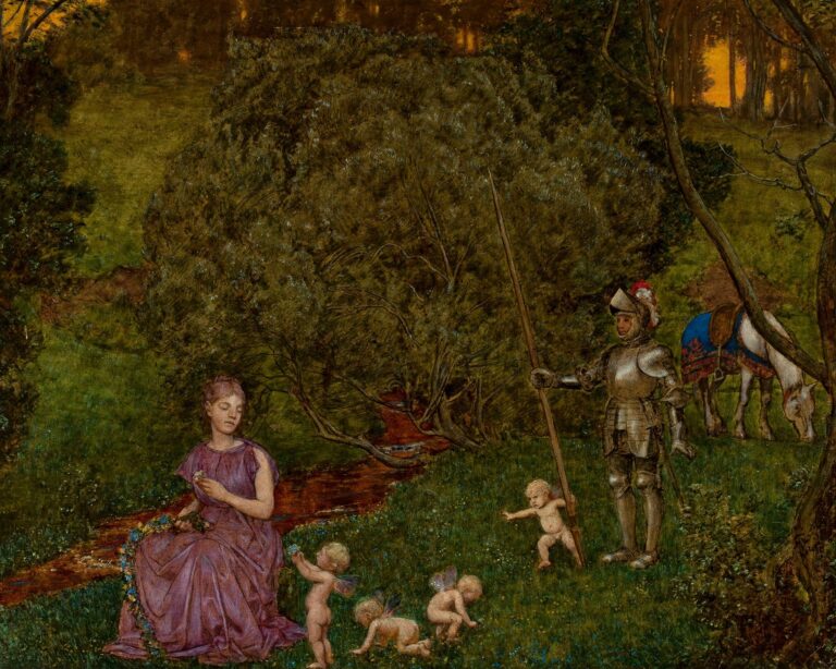 A knight in polished armor stands beside a willow tree holding a long spear while a white horse grazes nearby; at his feet, a maiden in a purple gown weaves a flower garland by a stream as winged putti dance among wildflowers beneath a canopy of trees.