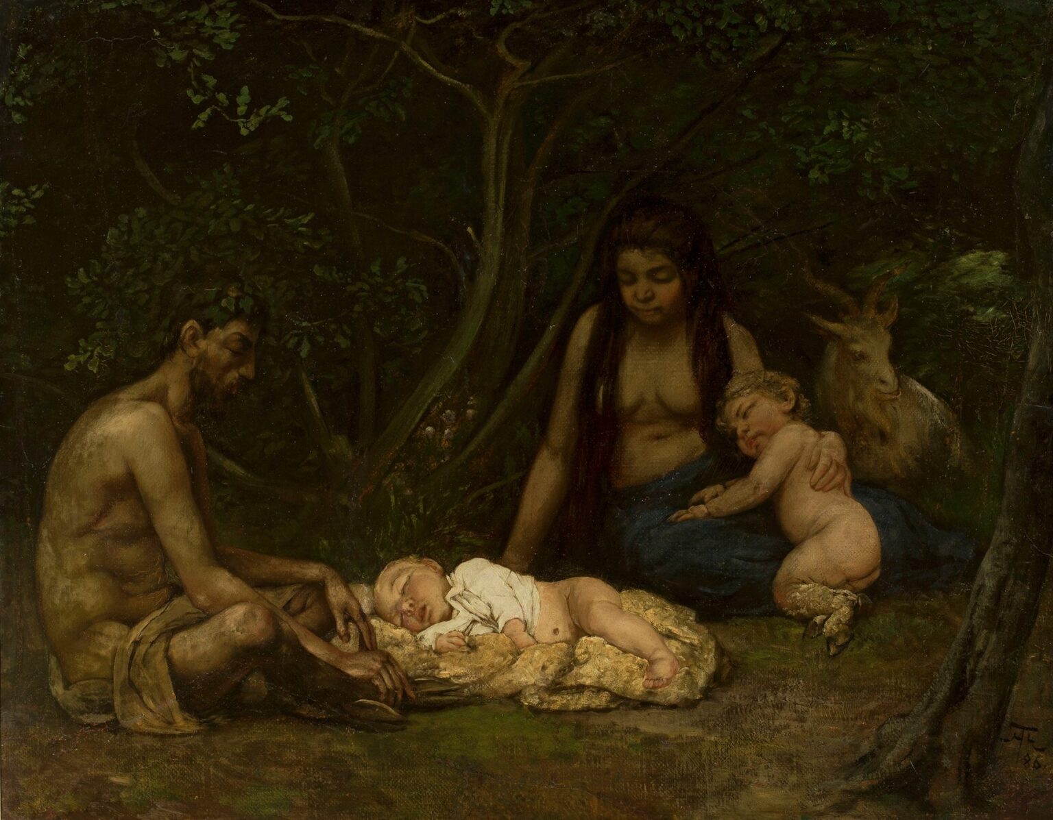 Oil painting of a satyr and his nymph partner seated in a forest clearing beside a sheepskin-covered child and a sleeping infant, with a goat standing nearby under a canopy of trees.