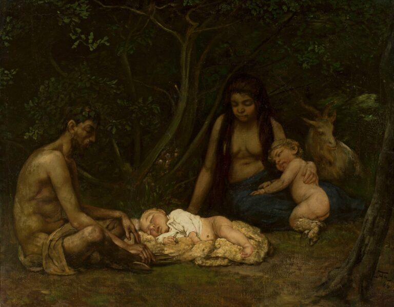 Oil painting of a satyr and his nymph partner seated in a forest clearing beside a sheepskin-covered child and a sleeping infant, with a goat standing nearby under a canopy of trees.