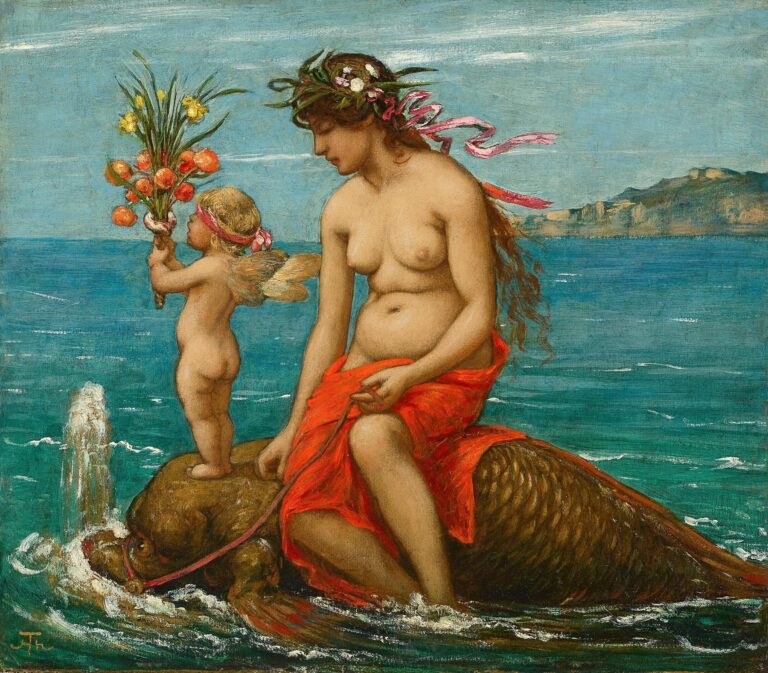 A woman draped in red and a winged putto stand atop a large mythical sea creature amid teal waves under a cloudy sky; the child holds a bouquet of spring flowers, and the woman leads the beast with reins.