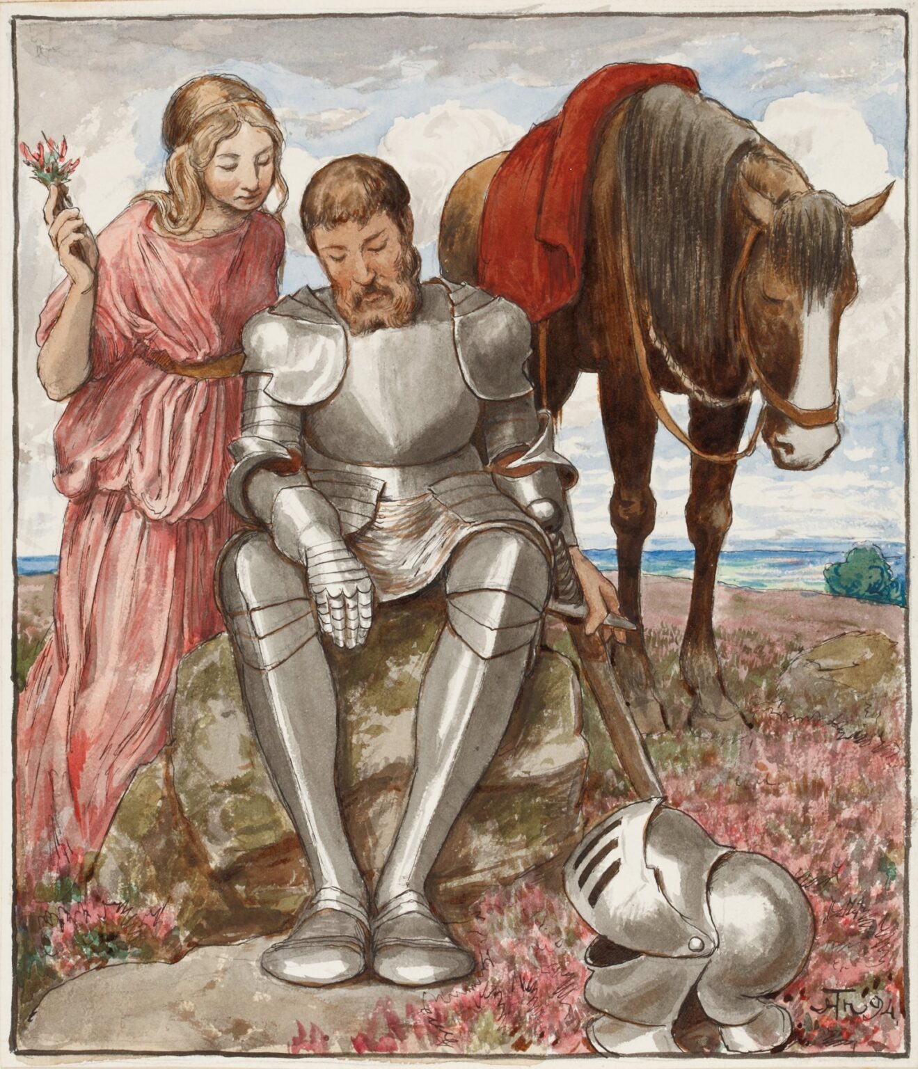 A knight in gleaming silver armor sits on a rock in a pink-flowering heath, his helmet beside him and horse behind, while a young woman in a pink gown stands offering sprigs of heather.