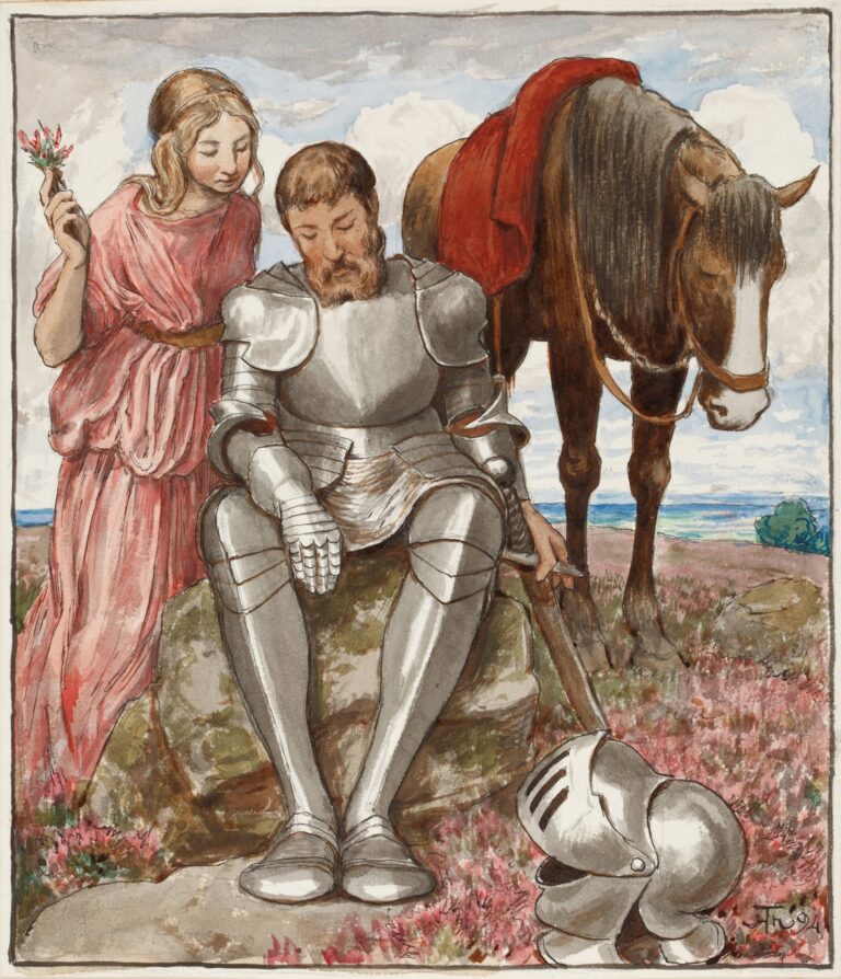 A knight in gleaming silver armor sits on a rock in a pink-flowering heath, his helmet beside him and horse behind, while a young woman in a pink gown stands offering sprigs of heather.