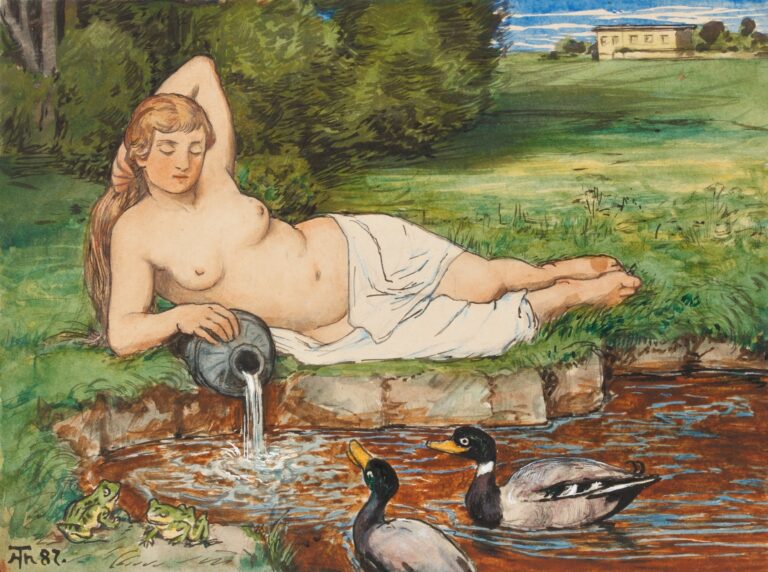 A reclining female nymph in partial white drapery pours water from a clay pitcher into a woodland brook as two ducks swim and two frogs watch against lush green foliage.