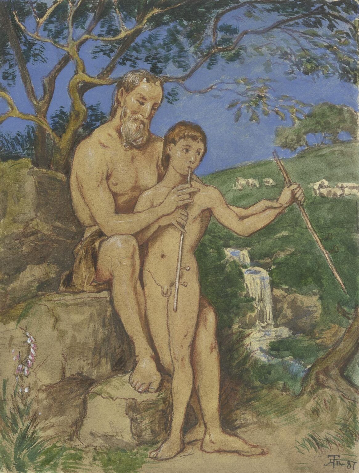 An elderly faun with gray beard and goat-hide drapery guides a young faun playing a shepherd’s pipe beside a rocky ledge and distant waterfall under a leafy canopy.