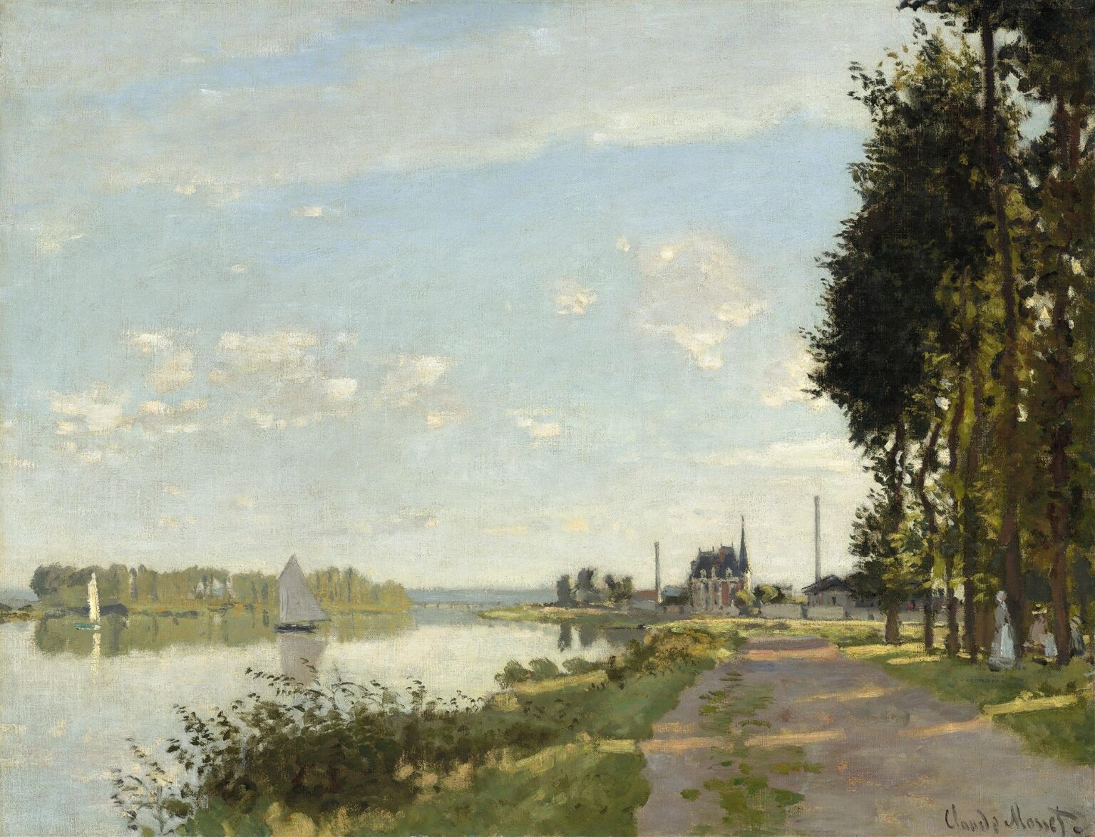 A calm view of the Seine at Argenteuil with boats drifting on the reflective water, a sunlit dirt path lined by tall trees on the right, and a distant villa under a pale blue sky dotted with soft clouds.