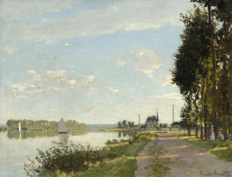 A calm view of the Seine at Argenteuil with boats drifting on the reflective water, a sunlit dirt path lined by tall trees on the right, and a distant villa under a pale blue sky dotted with soft clouds.