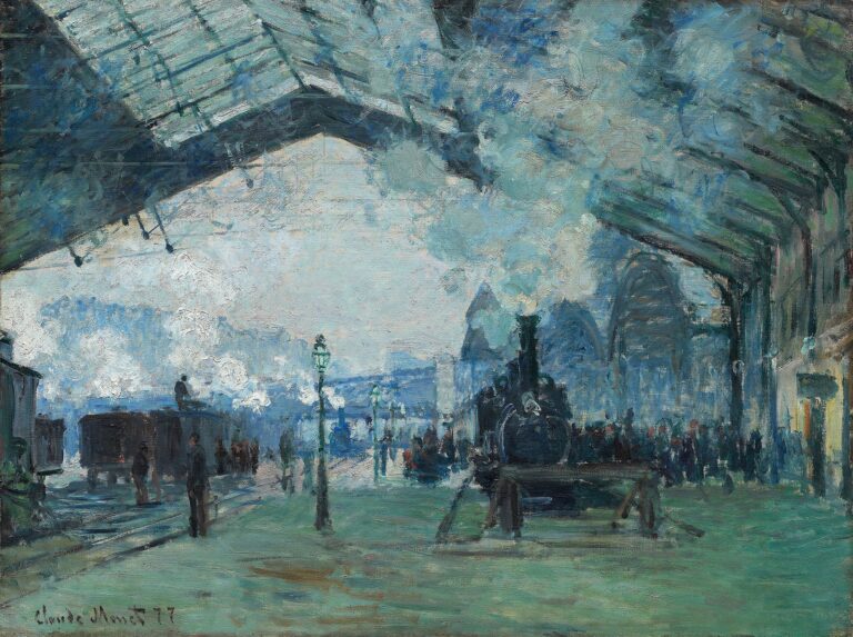 Inside a vast iron-and-glass train station, a black steam locomotive billows white vapor as workers and passengers on a green-tinted platform move amid lampposts and large overhead roof trusses.