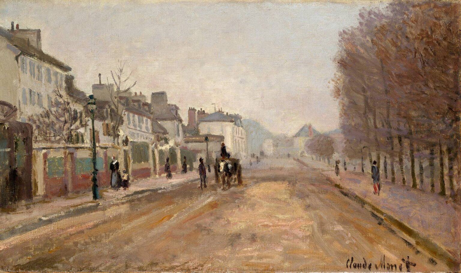 A misty suburban boulevard in Argenteuil lined with bare trees on one side and low white townhouses on the other, with a horse-drawn omnibus, several small figures walking, and the wide muddy street receding into soft, diffused light.