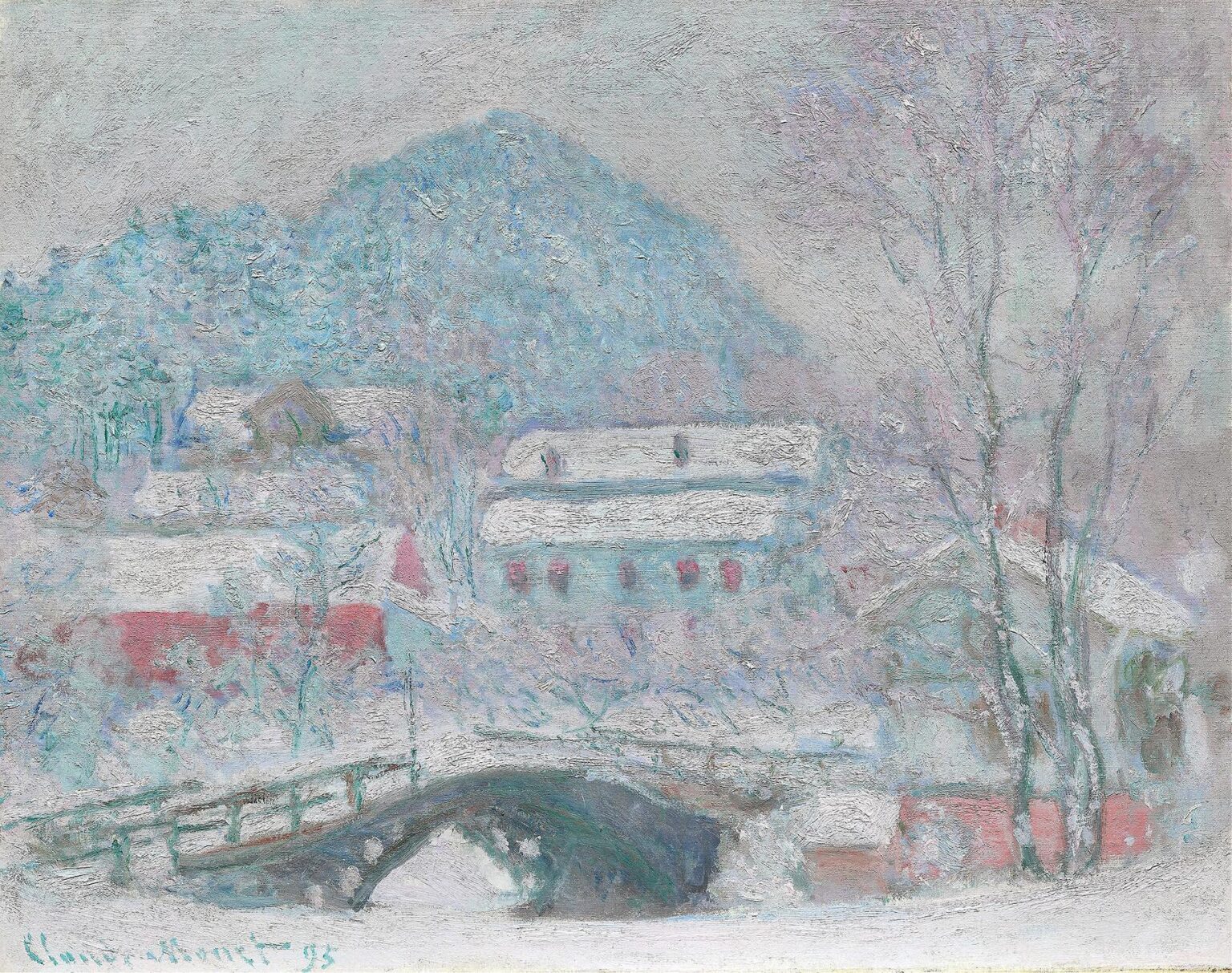 A tranquil fjord scene showing pale mint-green boathouses along a frozen quay, their gabled roofs and slender birch trees reflected in the calm water under a vast gray-blue sky.