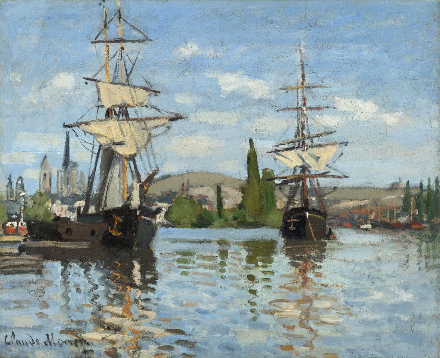 Two merchant ships moored on a calm Seine river, their white sails and dark hulls reflected in rippling water under a pale blue sky, with Rouen’s distant skyline of spires and chimneys across the bank.